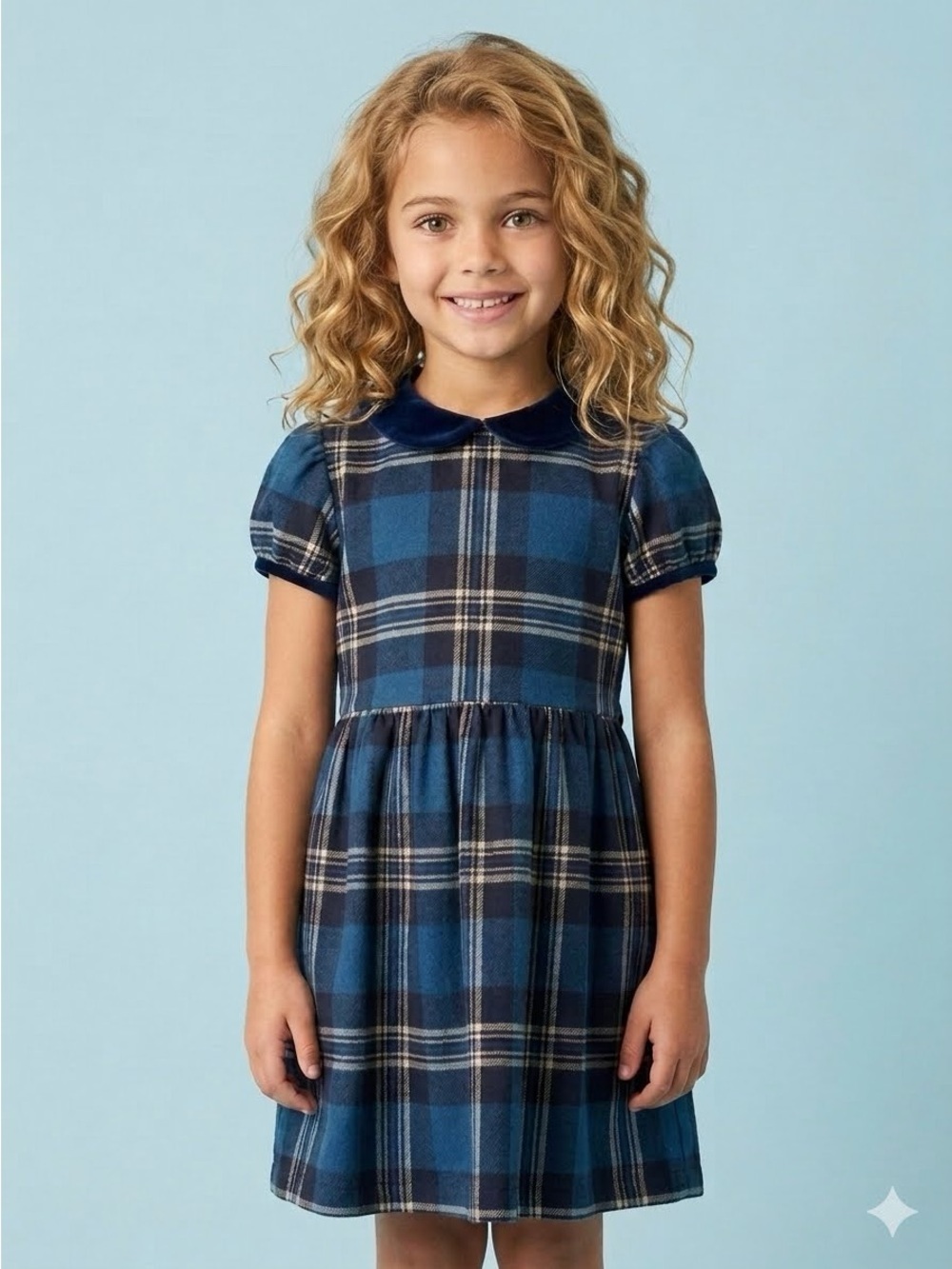 Papo d’Anjo girls’ blue navy wool plaid classic heirloom dress 8